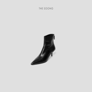 THESOONG 极简牛皮舒适光泽感细跟后拉链短靴6336 尖头瘦瘦靴