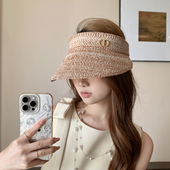 度假可折叠亚麻空顶帽女2026新款 高级感遮阳帽气质金色字母防晒帽