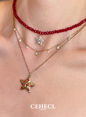 原创叠戴锁骨链红色串珠星星项链