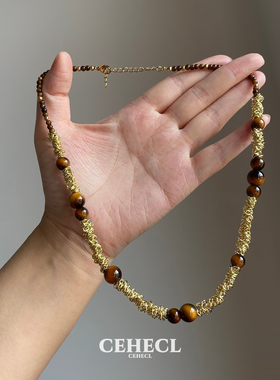 复古气质美拉德虎眼石串珠项链女