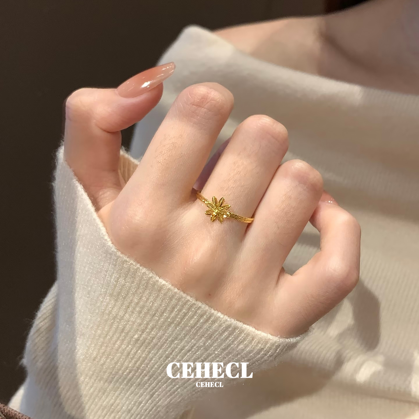 高级感八芒星戒指女拉丝雪花指环