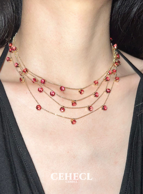 原创设计满天星红色锆石多层项链