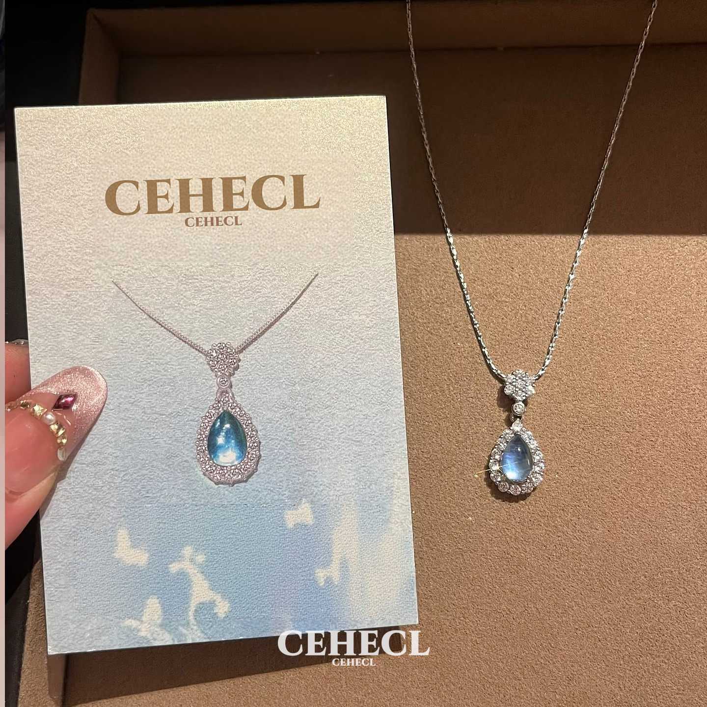 小众设计水滴海蓝宝s925纯银项链