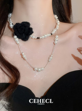 小香风黑色毛线花朵双层珍珠项链
