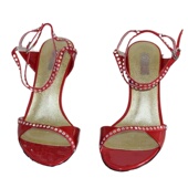 女鞋 纯色露趾细跟烫钻后空真皮女凉鞋 红色羊漆皮搭扣夏季 1329501