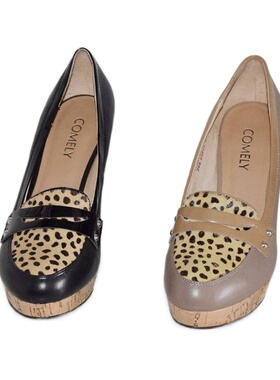 防水台超高跟圆头浅口羊皮女鞋厚底粗跟日常豹纹真皮单鞋3515010