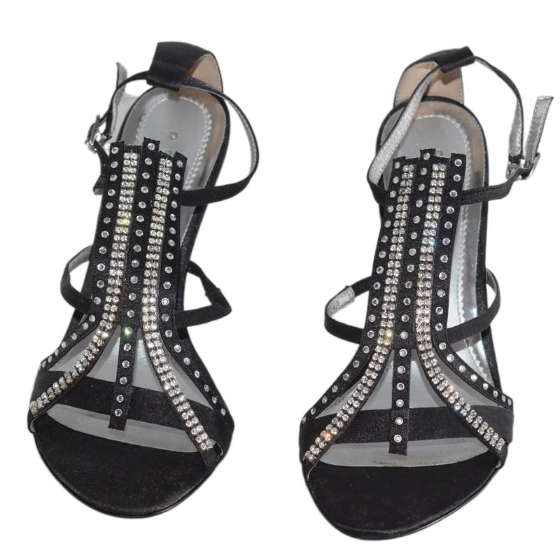 时尚黑色真丝布女凉鞋烫钻细带搭扣高跟露趾凉鞋清仓甩卖2E8507