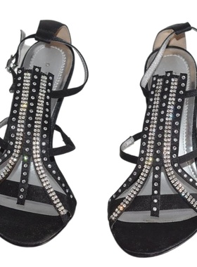 时尚黑色真丝布女凉鞋烫钻细带搭扣高跟露趾凉鞋清仓甩卖2E8507