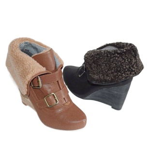 坡跟里外真皮秋冬圆头短筒女靴隐形防水台超高跟羊皮靴子2755608