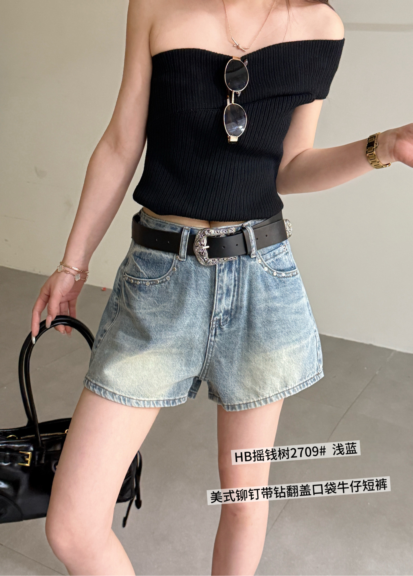2709夏季新款韩版气质高腰显瘦美式带钻翻盖口袋牛仔短裤休闲热裤