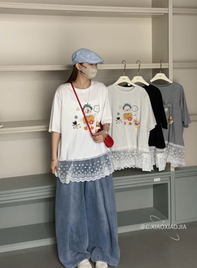 1077夏季韩版蕾丝拼接圆领卡通印花短袖T恤女宽松显瘦百搭上衣潮