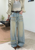 女宽松显瘦休闲阔腿长裤 复古水洗做旧烫钻牛仔裤 美式 5605早春新款