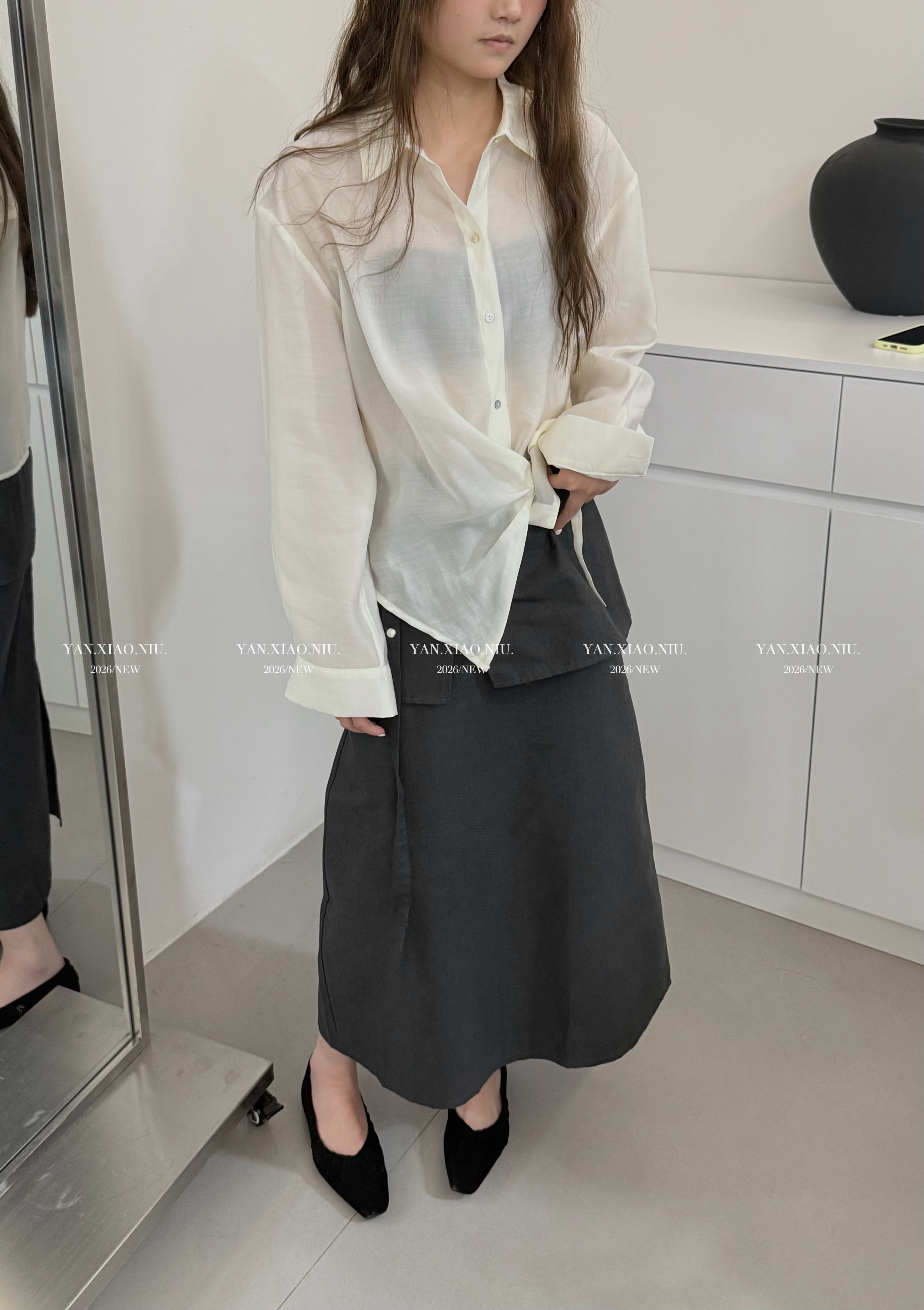 1607春夏新款韩系宽松百搭纯色长袖天丝衬衫女设计感简约小众上衣