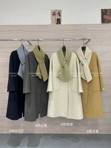 8523-3韩版双面羊毛大衣中长款秋冬可拆卸围巾领宽松显瘦毛呢外套