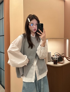 气质百搭休闲立领衬衫 韩版 马甲背心两件套上衣女潮 新款 26013春季