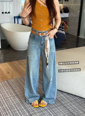 5655夏季韩版气质百搭高腰显瘦复古磨破洞设计阔腿裤休闲牛仔裤女