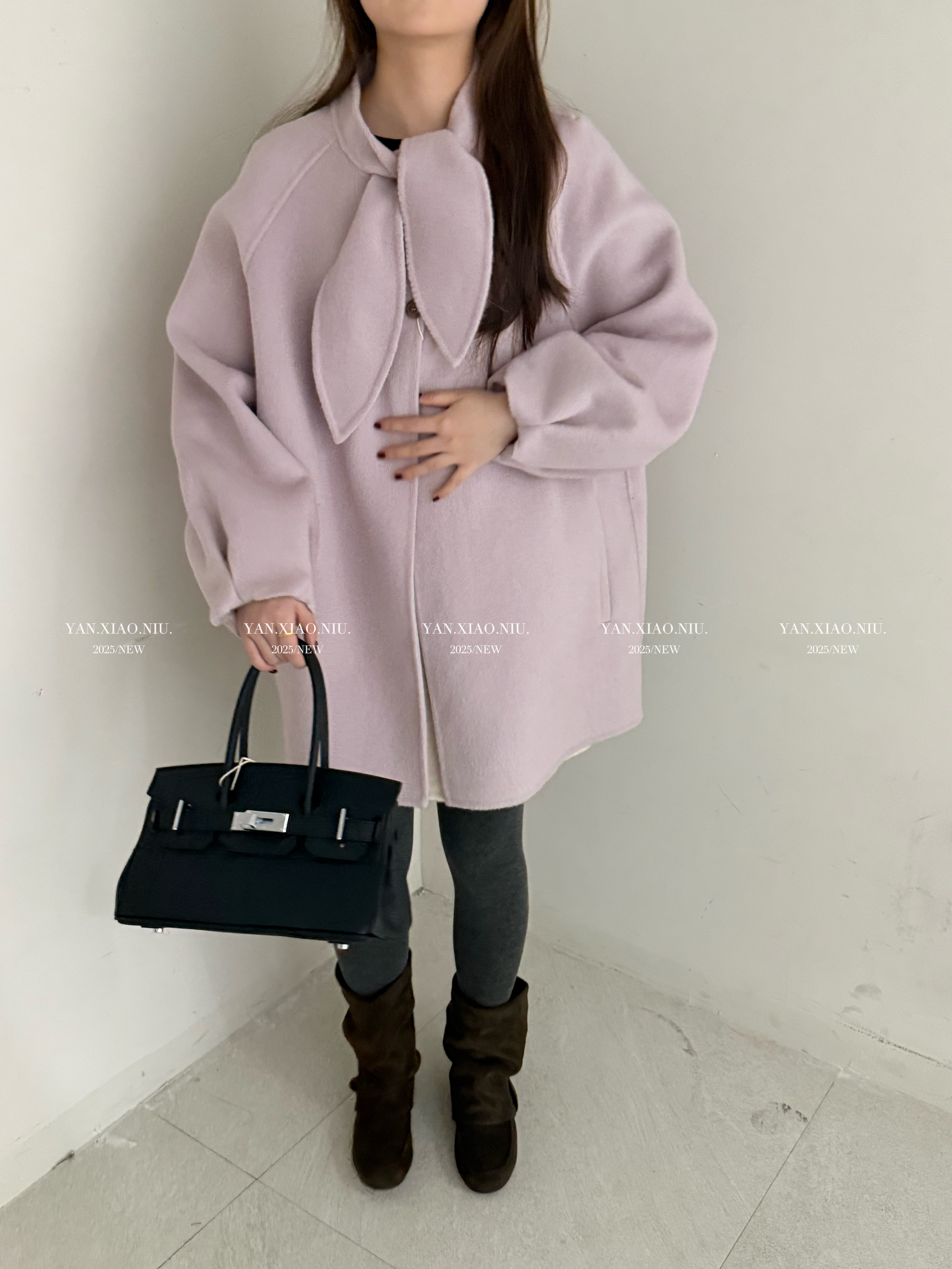 1509冬季新款韩版减龄兔耳朵双面羊毛大衣中长款显瘦气质毛呢外套