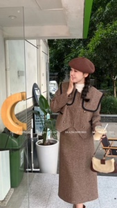 23206好品质内胆羽绒小香风套装女冬季名媛气质上衣半身裙两件套