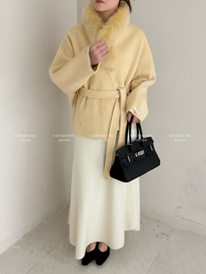 1386冬季新款韩版气质百搭狐狸毛领双面羊毛大衣系带显瘦毛呢外套