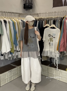 5708欧货荷叶花边拼接不规则短袖T恤女夏季新款韩系宽松显瘦上衣