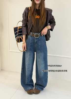 7006冬季新款韩版气质百搭加绒加厚复合高腰显瘦弯刀裤休闲牛仔裤