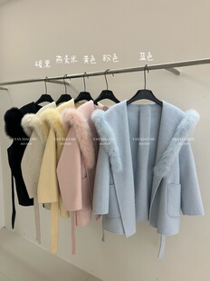 系带毛呢外套 气质狐狸毛大翻领双面羊毛大衣女中长款 2503 35韩版