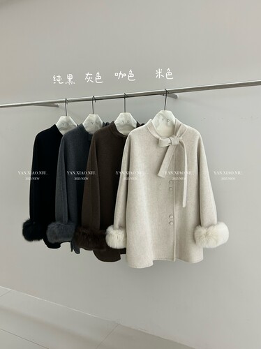 25030-63冬季气质轻奢名媛风狐狸毛袖口双面羊毛大衣显瘦毛呢外套