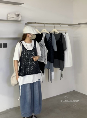5715夏季韩版气质百搭宽松显瘦破洞设计感T恤吊带镂空两件套上衣