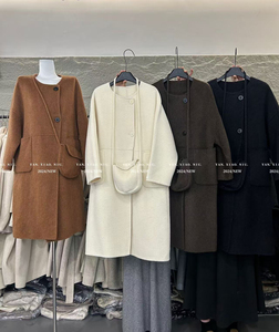 02438-47冬季韩版复古圆领包包款双面羊毛大衣长款显瘦宽松外套女