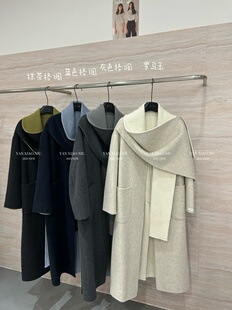 AB5816-16韩版气质高端围巾拼色双面羊毛大衣长款显瘦毛呢外套女