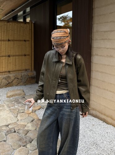 77095秋季新款韩版气质百搭宽松显瘦翻领拉链皮衣外套夹克上衣女