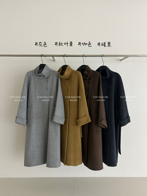 8233-56韩版过膝立领双面羊毛大衣赫本风气质宽松长款毛呢外套女