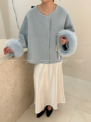 1325冬季新款韩版气质百搭真袖毛双面羊毛大衣短款显瘦毛呢外套女