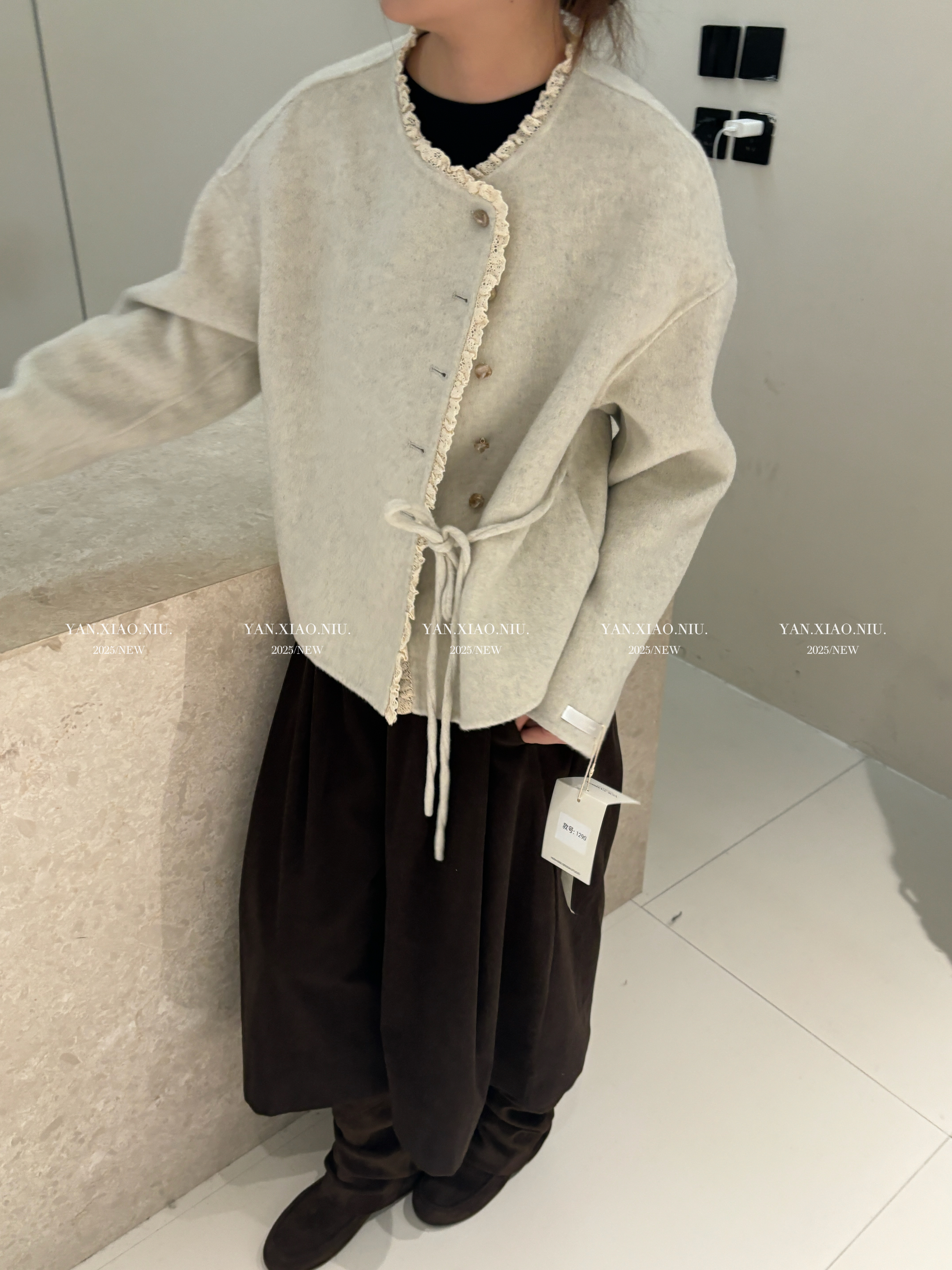 1290秋冬新款双面羊毛大衣蕾丝小香风系带蝴蝶结甜美短款毛呢外套