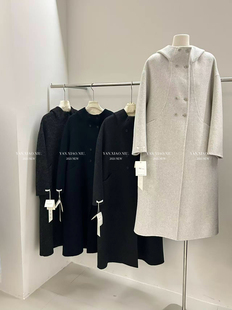 1219韩系休闲宽松百搭显瘦双排扣连帽双面羊毛大衣长款 毛呢外套女