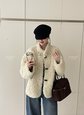 66118冬季韩版气质宽松显瘦百搭牛角扣立领皮毛一体羊羔毛外套女