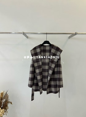 2639-38韩版气质百搭宽松显瘦连帽系带格子双面羊毛大衣毛呢外套