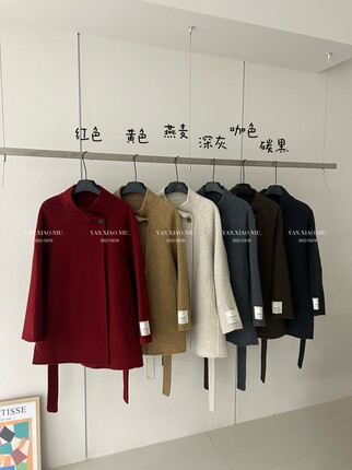 616-04冬季韩版气质百搭宽松显瘦双面羊毛大衣立领系带毛呢外套女