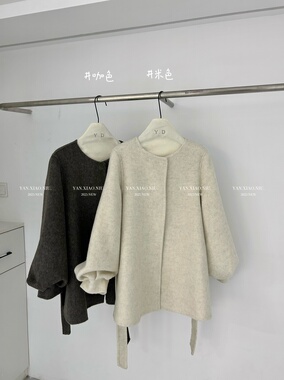 8203-66韩版气质百搭宽松显瘦系带双面羊毛大衣中长款毛呢外套女