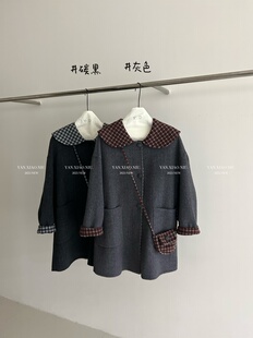 格子毛呢外套潮 韩系娃娃领双面羊毛大衣女中长款 D2615 42配包冬季