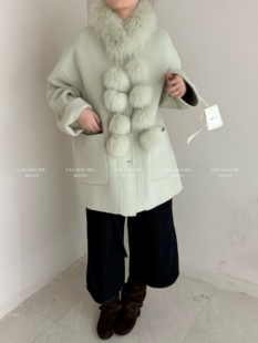 气质百搭真狐狸毛围脖双面羊毛大衣显瘦毛呢外套 韩版 1387冬季 新款