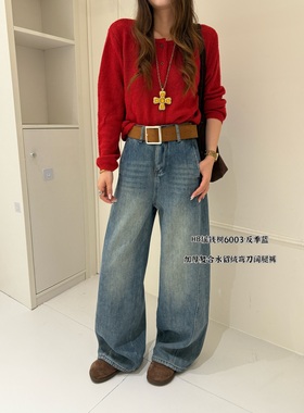 6003冬季新款韩版气质百搭显瘦加绒加厚弯刀阔腿裤休闲牛仔裤长裤