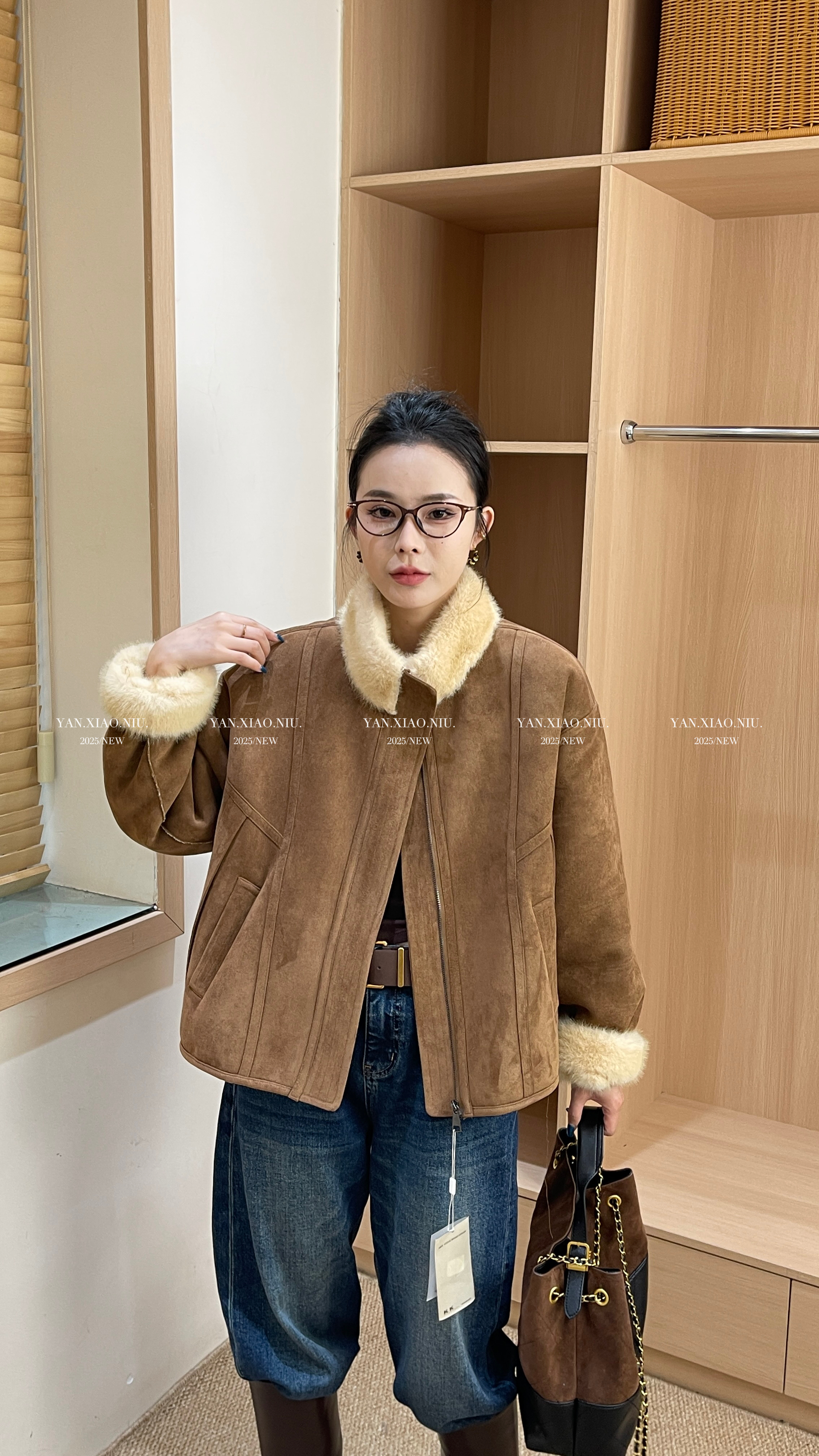 57131冬季韩版百搭宽松显瘦拼接立领皮毛一体外套加厚保暖上衣女