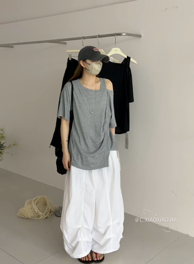 1109夏季新款韩版气质百搭宽松显瘦露肩设计感下摆开叉短袖T恤女