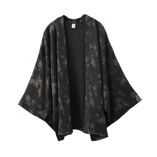 袁落落/女装 竹影日式和风改良和服宽松中长款小振袖羽织外套开衫