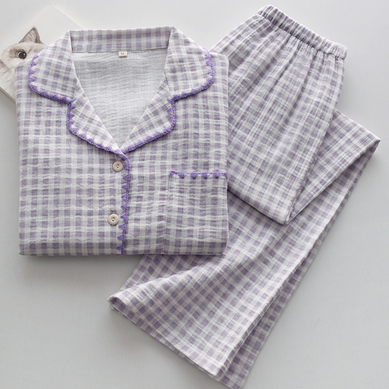 女纯棉纱布贝壳刺绣边长袖家居服