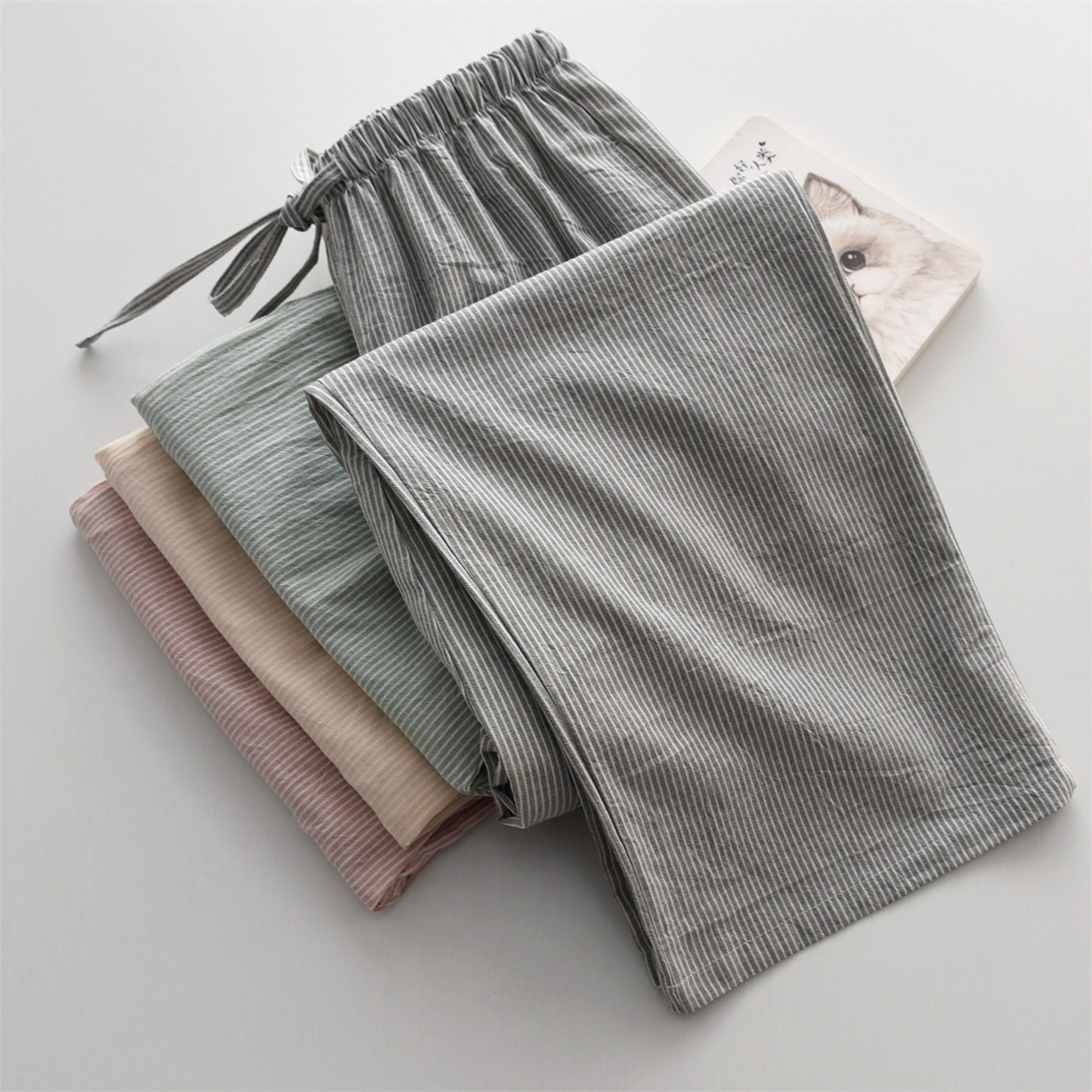 纯棉水洗棉布条纹春夏家居裤长裤