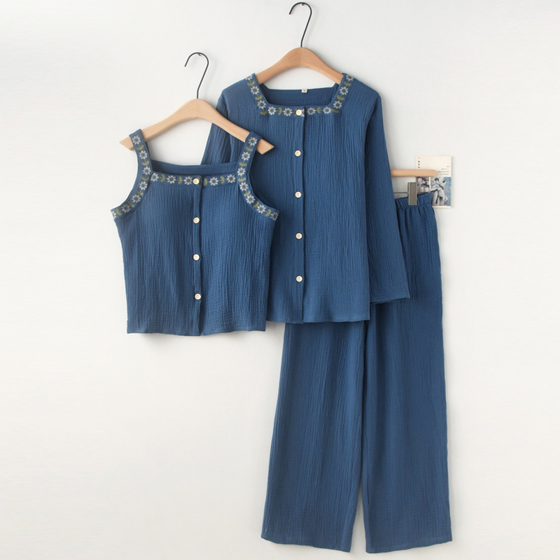 女纯棉纱布刺绣带胸垫三件套睡衣