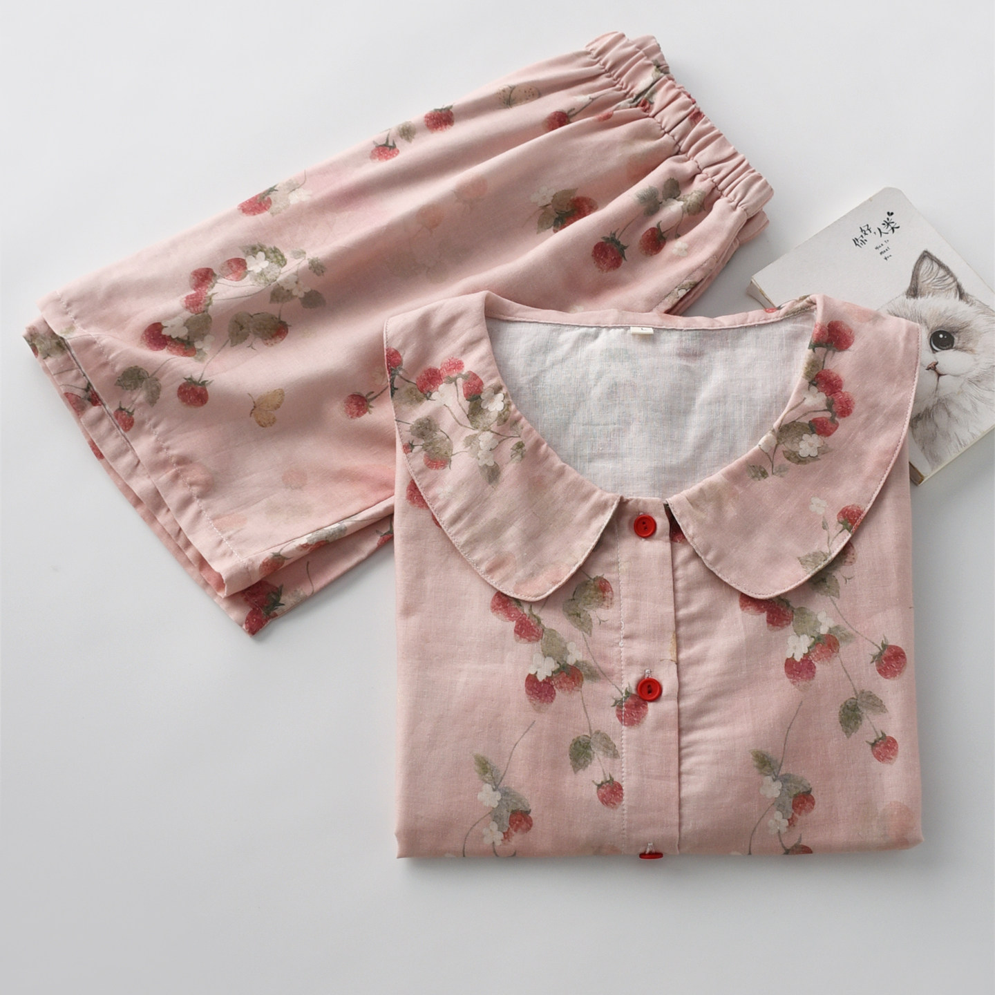 甜美粉色草莓娃娃领睡衣女士夏季纯棉双层纱布短袖短裤家居服套装