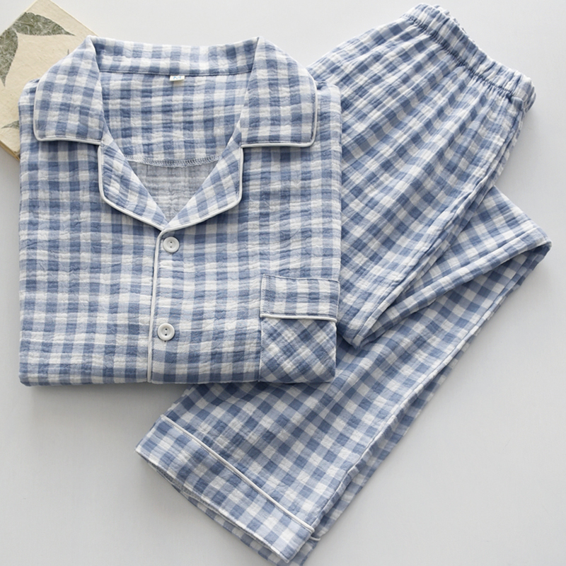 男纯棉纱布格子简约短袖长裤睡衣